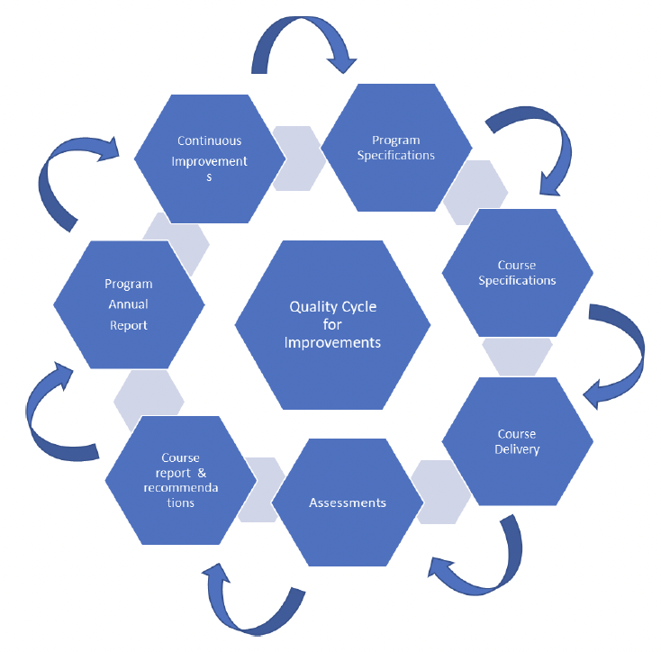 Quality improvement cycle linking program design, course delivery, assessment, reporting, and continuous improvement.