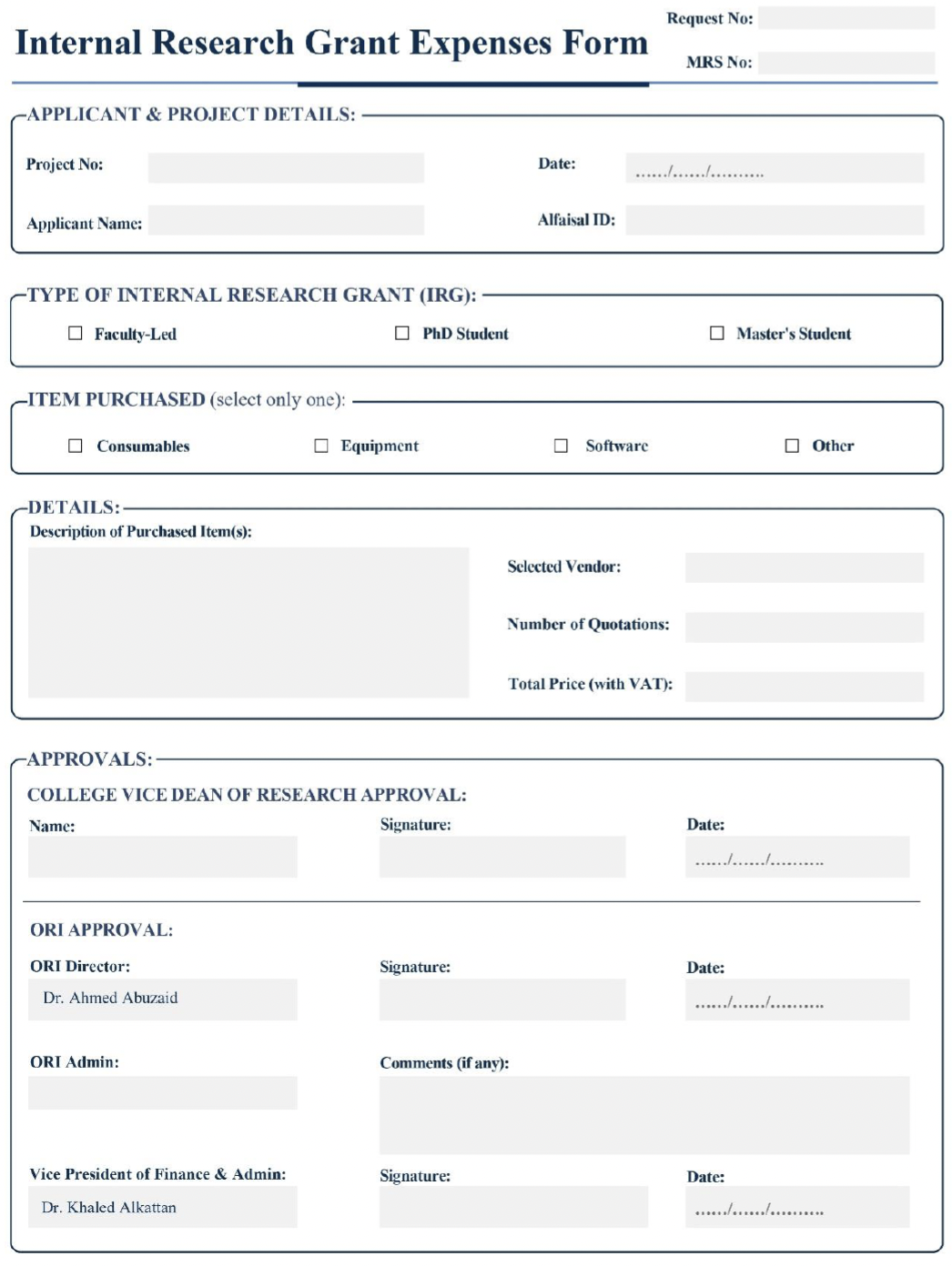 Internal Research Grant Expense Form